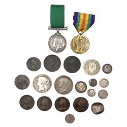 Two Queen Victoria crowns dated 1844 and 1845, George III 1817 silver half crown, various other coins, WW1 War Medal to Gnr J Wilson 161530 R.A.and Victory Medal to Pte L Paylor 1990 W. York R.
