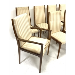 Set ten (8+2) 1970s teak framed dining chairs with upholstered seats and backs, eight side chairs and two carvers