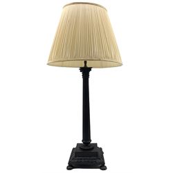 20th century patinated Corinthian column table lamp, slightly tapered reeded column, square stepped base upon bun feet, H56cm excluding fitting 