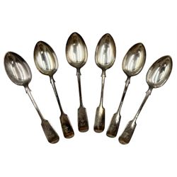 Set of six Victorian silver fiddle pattern dessert spoons engraved with initial 'T' Exeter 1858 Maker Josiah Williams & Co