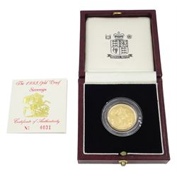 Queen Elizabeth II 1993 gold proof full sovereign coin, cased with certificate