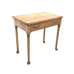Quality Georgian style cherry wood side table, with crossbanded top with string inlay over single drawer, raised on turned supports with pad feet, W76cm, H70cm, D48cm