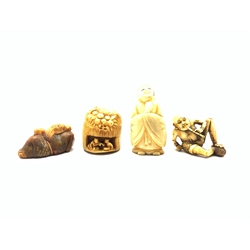 Group of early 20th century Japanese Netsukes comprising a carved ivory figure of a Scholar wearing a robe, H6.5cm, figures carved beneath a tree, reclining man with an opium pipe and one other (4)