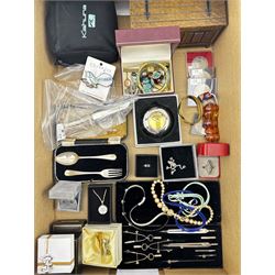 Costume jewellery including a turquoise stone set bracelet, Aquarius Design brooch, green stone bangle etc, silver spoon and fork set, coins, cased set of drawing instruments etc in one box