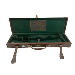 Early 20th century 'Linsley Brothers' leather shotgun case, two further gun cases and two 19th century copper and brass powder flasks, one embossed acanthus leaf and basket weave decoration, L20cm, 