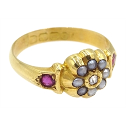 Victorian 18ct gold diamond, seed pearl, ruby and paste ring, Birmingham 1895