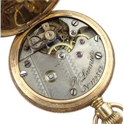 Gold full hunter keyless lever, ladies pocket watch by R. Lannier, No. 179362, white enamel dial with Roman numerals and subsidiary seconds dial, American case stamped 10K