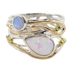Silver and 14ct gold wire two stone pear shaped and round opal openwork ring, stamped 925