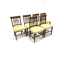 Set of six early 19th Century mahogany dining chairs, with leaf carved back rails over upholstered seat, raised on square tapered supports, W52cm
