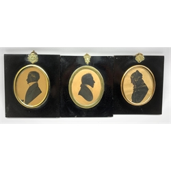 19th Century silhouette profile portrait of Mrs Wakefield aged 84, with gilt highlights 8.5cm x 7.5cm, another of a gentleman inscribed to the reverse 'Sherwell' and one other silhouette (3)
