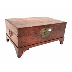 Chinese stained pine chest on stand, with hinged lid and hand painted decoration W76cm