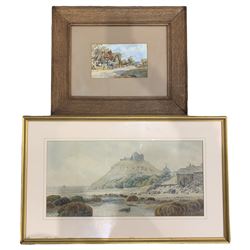 English School (19th century): Medieval Hilltop Fort Ruins, watercolour indistinctly signed together with AH (British early 20th century): Farmstead, pastel watercolour signed max 28cm x 58cm (2)