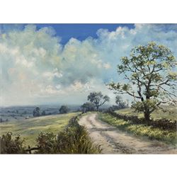 James David Preston (British 1946-): Figures Walking in down Yorkshire Country Lane, oil on canvas signed and dated '77, 45cm x 60cm