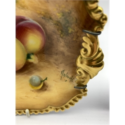 Pair of Royal Worcester hand painted rectangular dishes, each decorated with grapes and peaches within gilt gadrooned borders and shell handles, each indistinctly signed, 17.5cm x 12.5cm