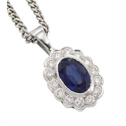 18ct white gold oval sapphire and round brilliant cut diamond pendant necklace, hallmarked, sapphire approx 0.50 carat