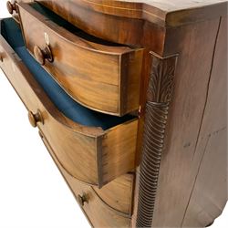 Victorian mahogany bowfront chest, fitted with two short over three long graduating cock-beaded drawers with bone escutcheons, flanked by spiral turned quarter canted pilasters with acanthus capitals, on compressed bun feet