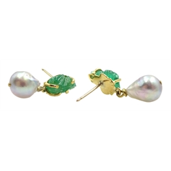 Two gold carved leaf design jade and pearl pendant earrings