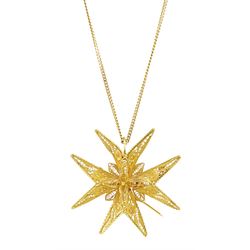 18ct gold filigree Maltese cross pendant / brooch, on 18ct gold chain necklace