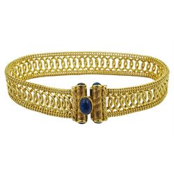 9ct gold fancy link bracelet, clasp set with cabochon sapphires, hallmarked