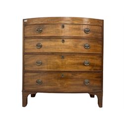 George III mahogany bow-front chest, fitted with four graduating drawers, the frieze and top drawer with matched veneer, the drawers cockbeaded with pressed brass plates and drop handles, and pressed brass oval escutcheons with foliate detail, raised on bracket feet