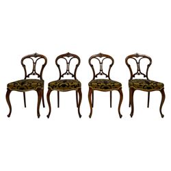 Harlequin set eight 19th century dining chairs - set four rosewood dining chairs with carved cartouche and scrolled foliage decoration, foliate carved middle rail, on scroll carved cabriole supports; and set four mahogany dining chairs, the cresting rail with quatrefoil motif over pierced back, on carved cabriole supports; all upholstered in gold and black contrasting patterned fabric  