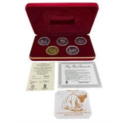 Three Pobjoy Mint Isle of Man proof sterling silver coin sets comprising five one crown coins, dated 1979, seven coin set, from half penny to one pound and four crowns, commemorating the 1980 Olympics, all cased with certificates (3)