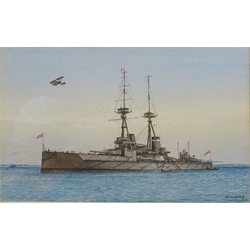  William Frederick Mitchell (British 1845-1914): 'H.M.S Neptune Battleship' watercolour signed, dated 1911 and numbered 2936, and 'H.M.S Collingwood Battleship', watercolour after Mitchell bears signature and date 1913, 15cm x 24.5cm and 16cm x 24.5cm (2)  
