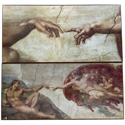 After Michelangelo Buonarroti (Italian 1475-1564): 'The Creation of Adam' - detail of God reaching out to touch the Hand of Adam from the ceiling of the Sistine Chapel, pair textured colour prints 47cm x 98cm (2)