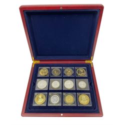 Thirteen medallions or fantasy coins from 'The Millionaires Collection', each in a plastic holder, housed in a coin box