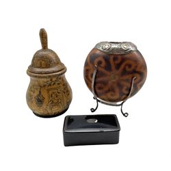 19th century carved nut vesta with white and yellow metal mount, on stand, H10cm, baluster form box and cover decorated in form of a house, together with a 19th century papier mache snuff box (3) 