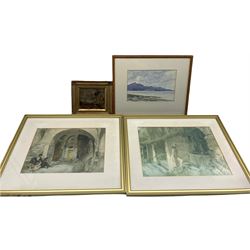 Alasdair G D Mackay (Scottish 1891-1968): Loch Landscape, watercolour signed together with after Sir  William Russell Flint RA PPRWS (Scottish 1880 -1969): 'The Wishing Well' and 'The Unexplored City', pair prints signed in the plate; a small oil on board unsigned max 26cm x 38cm (4) 