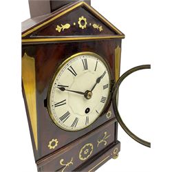 A small William IV brass inlaid mahogany bracket clock with an eight-day timepiece movement, c1835, single fusee movement and recoil anchor escapement, white enamel dial with Roman numerals, minute track and tapered steel spade hands, with a brass bezel and convex glass, the architectural top case with pineapple finial to the square surmount above, the case with brass inlaid canted angles and decorative brass inlay to the rectangular panel beneath the dial, on a plinth base with ball feet.