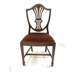 Set eight (6+2) mahogany Hepplewhite style shield back dining chairs, pierced and fluted splats carved with wheat sheaf's, drop in upholstered seat pads, raised on square tapered and moulded supports terminating in peg feet, W51cm 