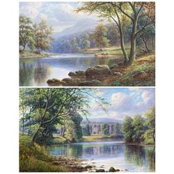 Everett W Mellor (British 1878-1965): 'On the Wharfe Bolton Woods - Yorkshire' and 'Bolton Abbey from the Wharfe - Yorkshire', pair watercolours signed, labelled verso 30cm x 45cm (2)