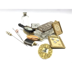 Glass dressing table box with embossed silver cover Birmingham 1905, three hatpins, pair of small brass frames, prayer book with silver cover etc 
