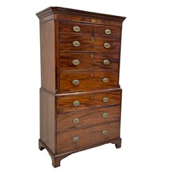 George III mahogany chest on chest, projecting cornice over figured frieze with shell and bird motif oval inlays, the top section with feather banded canted corners, fitted with two short and six long drawers, lower moulding over bracket feet