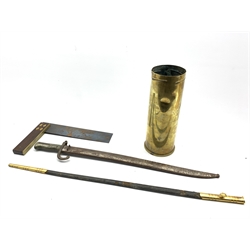 Chasse pot bayonet and scabbard, Falklands Islands brass shell case rosewood and brass mounted T square by Sorby Sheffield  and a sword scabbard   