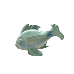 Poole Pottery fish designed by John Adams, decorated with Picotee green and blue glaze, model no. 334 H19cm x W30cm