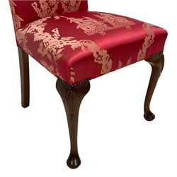 Georgian design mahogany framed high-back side chair, upholstered in red fabric decorated with Japanese figures in a garden landscape and pagodas, on shell carved cabriole front supports
Provenance: From the Estate of the late Dowager Lady St Oswald
