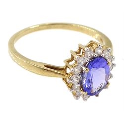 9ct gold oval tanzanite and cubic zirconia cluster ring, hallmarked 