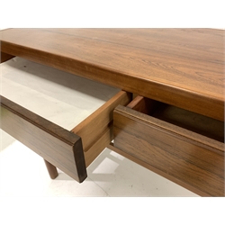 Mid 20th century hardwood veneered console table, with two drawers raised on moulded supports united by stretchers, 122cm x 46cm, H77cm