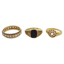 18ct gold diamond ring and two 9ct gold rings including stone set full eternity and black onyx signet