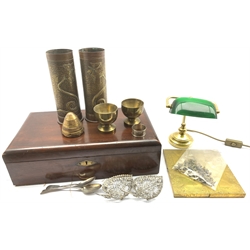 Victorian mahogany box, L46cm, two early 19th century silver spoons, silver serviette ring, pair of Trench Art shell cases with embossed decoration, three other pieces of Trench Arts, a small bankers style desk lamp, Eastern brass travel chess set, pair of silver-plated leaf form dishes with foliate decoration and other items 