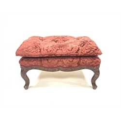 French style figured walnut open armchair, with swept arms and serpentine terminals, upholstered in floral claret red damask with squab cushion, incised fish scale carving to the show frame, (W76cm)  together with a matching footstool, (W76cm