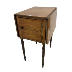 George III mahogany table, rectangular drop leaf top with rounded corners, ebony strung, fitted with single cupboard, raised on ring turned tapering supports 