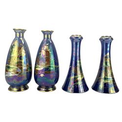 Two pairs of Crown Devon Fielding's Lustrine vases, decorated in the 'Royal George' pattern, H24.5cm max (4)
