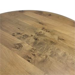 Treske Furniture - figured burr oak dining or centre table, circular top on three turned tapering supports with central hexagonal column