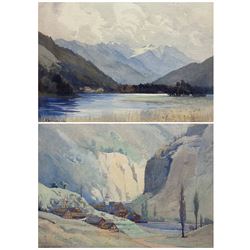 Eric Walter Powell (British 1886-1933): 'On the Little St Bernard Pass' and Fjord Landscape, pair watercolours signed and dated 1922 and 1930 each 30cm x 42cm (2) 
Notes: Schoolmaster, artist and rower who won bronze for Great Britain at the 1908 Summer Olympics. During the First World War, he served as Squadron Commander in the Royal Flying Corps and the R.A.F., and later became a house master and art teacher at Eton. Powell was also a keen mountaineer, and tragically met his death at Pontresina in an Alpine accident on Piz Roseg.