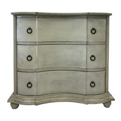 French style painted pine chest, serpentine front, fitted with three drawers, moulded plinth base on turned feet