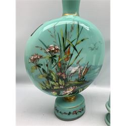 Victorian turquoise opaline glass vase painted with heron and lilies in riverbank scene another decorated with insects and flowers with gilt banding, together with four similar max H41cm (6)